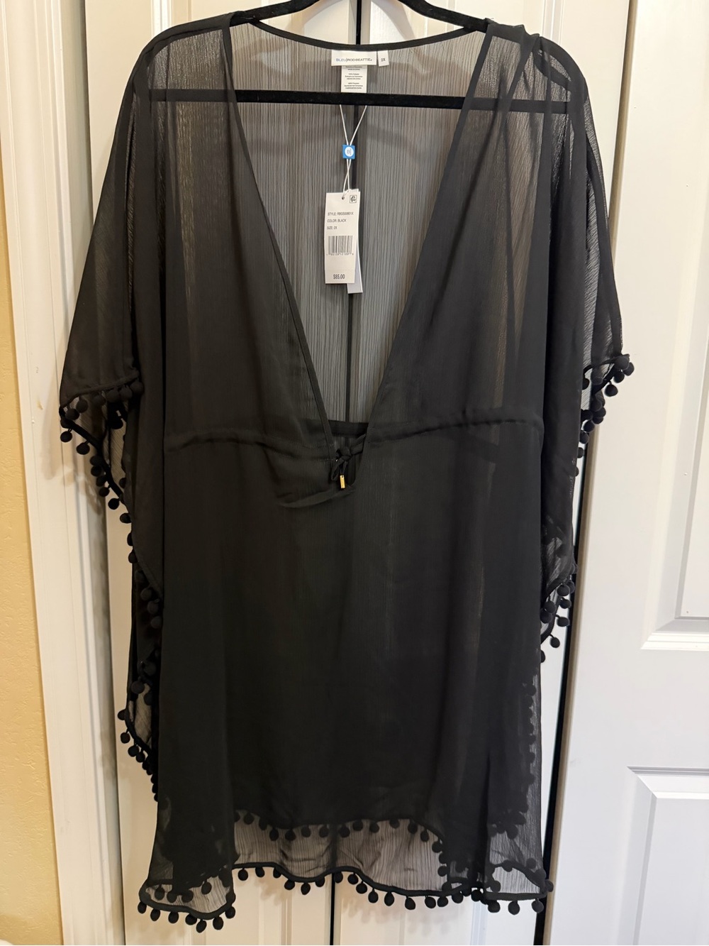 Bleu Rod Beattie Black Sheer Pom-Pom Trim Swim Coverup XXL